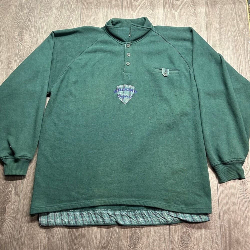 Vintage Brooks Original Mens XL Forest Green Plaid Trim Mock Neck Sweatshirt